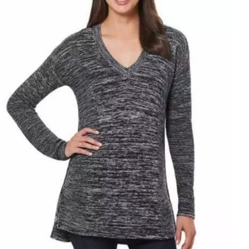 Ellen Tracy V-Neck High Low Pullover Sweater Marled Black White Women's Medium
